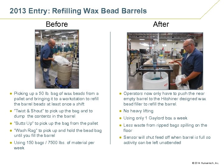 2013 Entry: Refilling Wax Bead Barrels Before After ● Picking up a 50 lb.