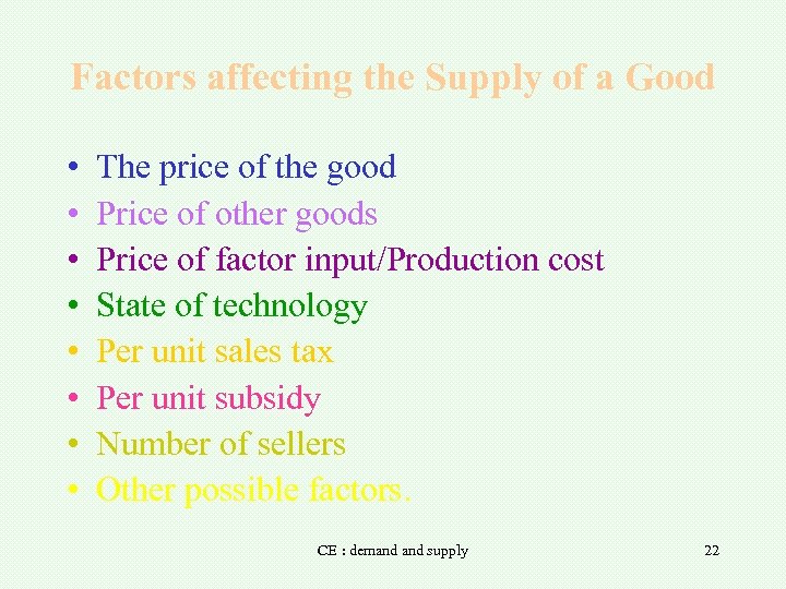 Factors affecting the Supply of a Good • • The price of the good