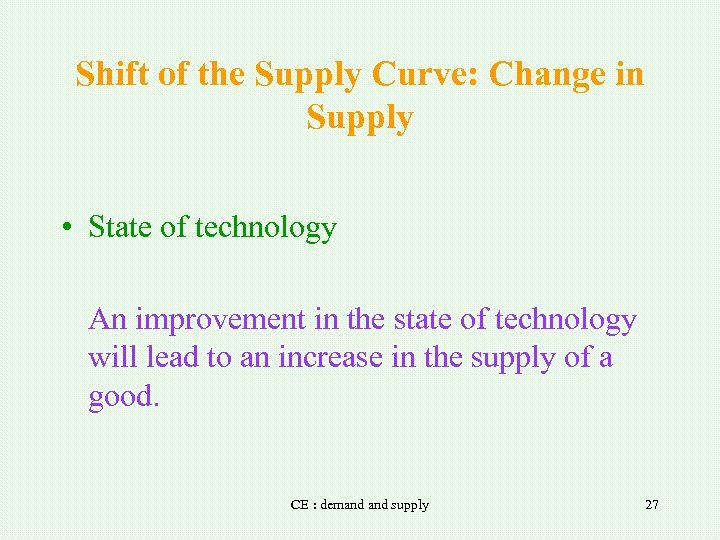 Shift of the Supply Curve: Change in Supply • State of technology An improvement