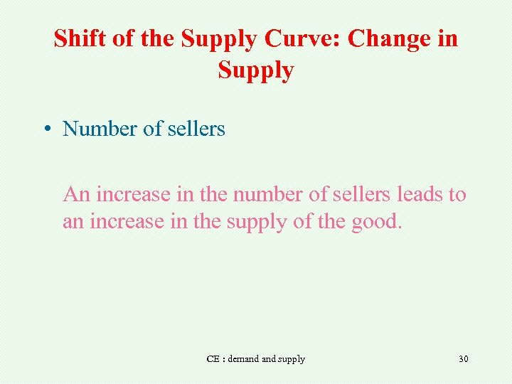 Shift of the Supply Curve: Change in Supply • Number of sellers An increase