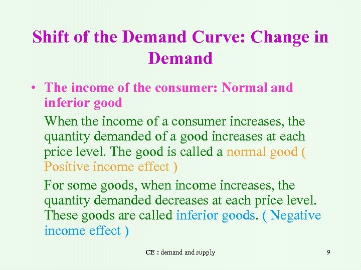 Shift of the Demand Curve: Change in Demand • The income of the consumer:
