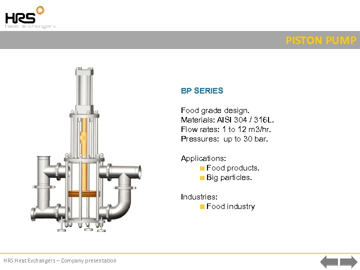 PISTON PUMP BP SERIES Food grade design. Materials: AISI 304 / 316 L. Flow