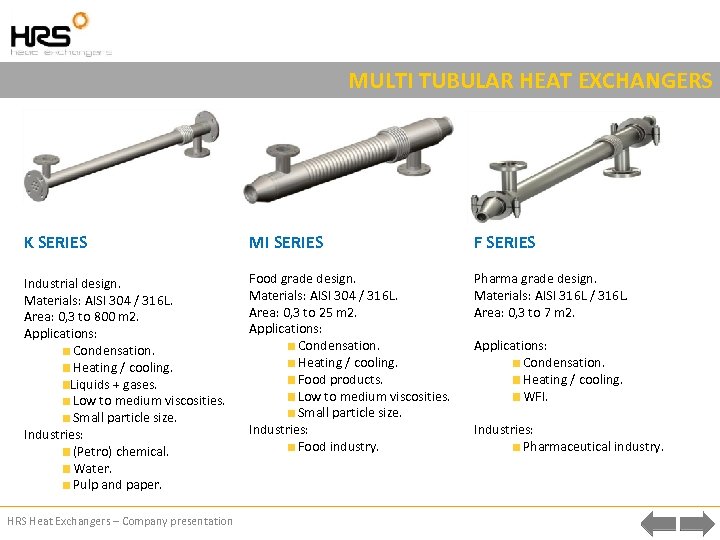 MULTI TUBULAR HEAT EXCHANGERS K SERIES MI SERIES F SERIES Industrial design. Materials: AISI