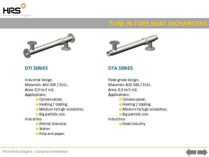 TUBE IN TUBE HEAT EXCHANGERS DTI SERIES DTA SERIES Industrial design. Materials: AISI 304