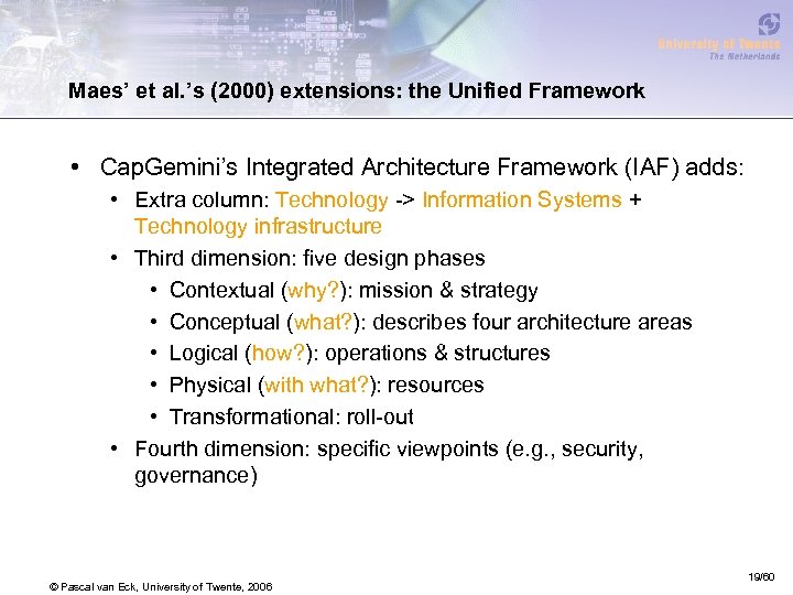 Maes’ et al. ’s (2000) extensions: the Unified Framework • Cap. Gemini’s Integrated Architecture