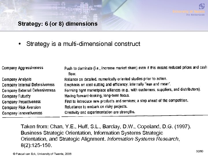 Strategy: 6 (or 8) dimensions • Strategy is a multi-dimensional construct Taken from: Chan,