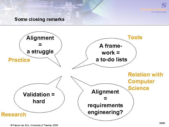 Some closing remarks Alignment = a struggle Practice Validation = hard Research © Pascal