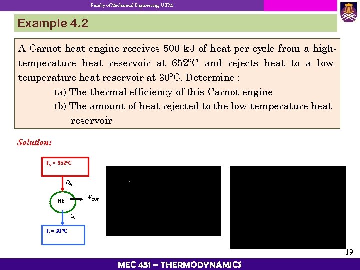 Faculty of Mechanical Engineering, Ui. TM Example 4. 2 A Carnot heat engine receives