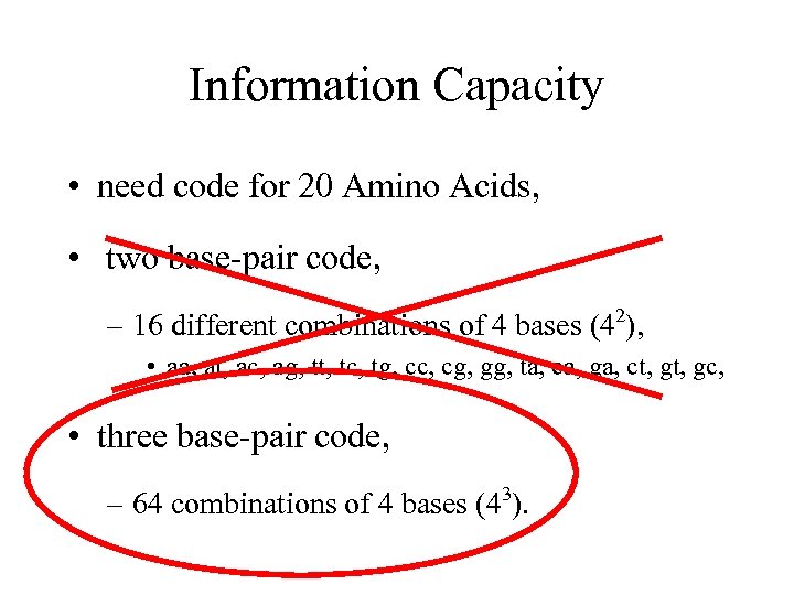 Information Capacity • need code for 20 Amino Acids, • two base-pair code, 2