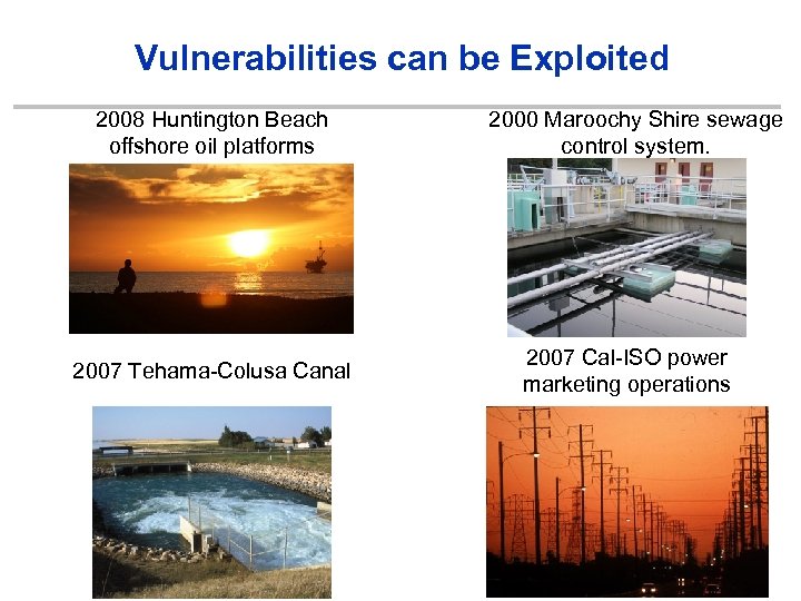 Vulnerabilities can be Exploited 2008 Huntington Beach offshore oil platforms 2007 Tehama-Colusa Canal 2000