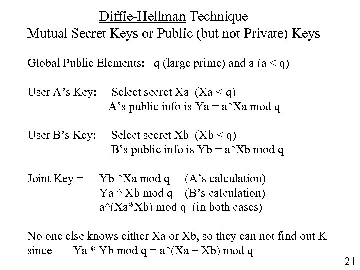 Diffie-Hellman Technique Mutual Secret Keys or Public (but not Private) Keys Global Public Elements: