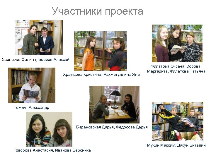 Участники проекта Звонарев Филипп, Бобров Алексей Храмцова Кристина, Рахматуллина Яна Филатова Оксана, Зобова Маргарита,