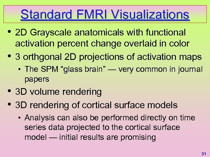 Standard FMRI Visualizations • • 2 D Grayscale anatomicals with functional activation percent change
