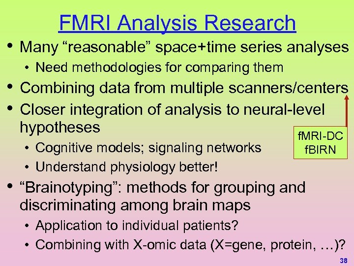  • FMRI Analysis Research Many “reasonable” space+time series analyses • Need methodologies for