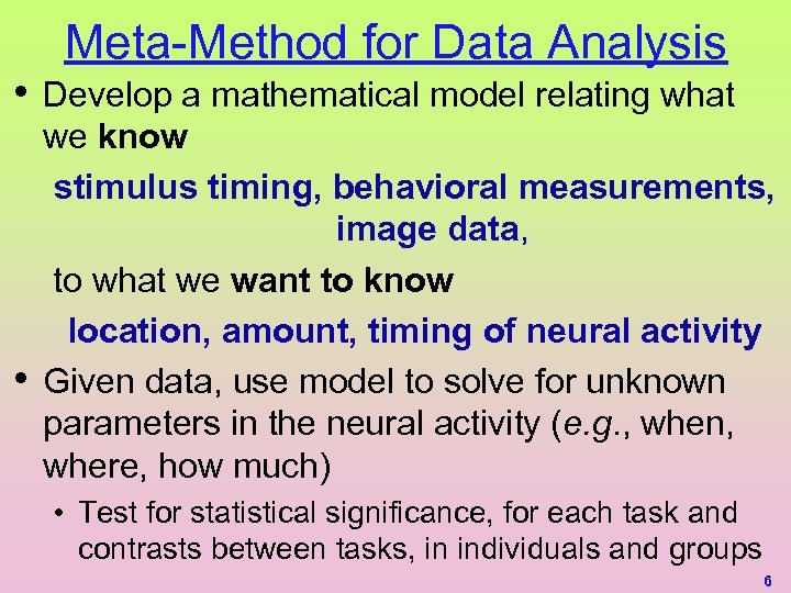 • • Meta-Method for Data Analysis Develop a mathematical model relating what we