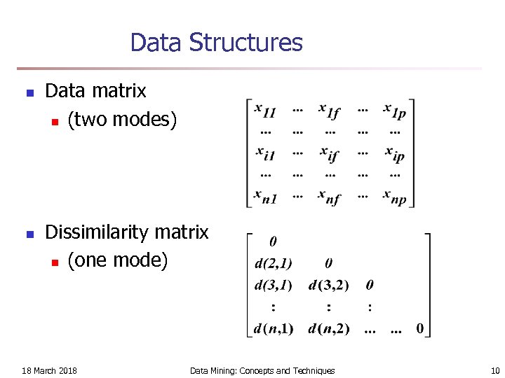 Data Structures n n Data matrix n (two modes) Dissimilarity matrix n (one mode)