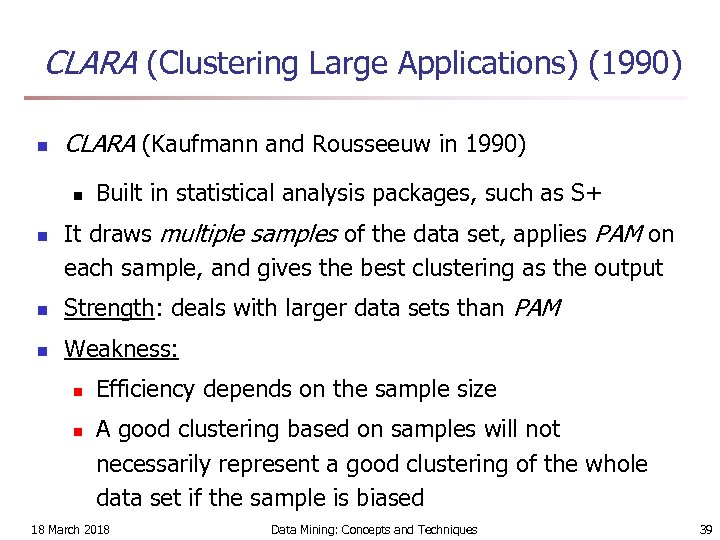 CLARA (Clustering Large Applications) (1990) n CLARA (Kaufmann and Rousseeuw in 1990) n n
