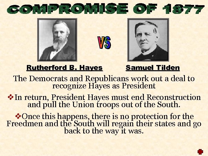 Rutherford B. Hayes Samuel Tilden The Democrats and Republicans work out a deal to