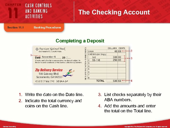 The Checking Account Section 11. 1 Banking Procedures Completing a Deposit 1. Write the