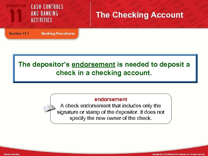 The Checking Account Section 11. 1 Banking Procedures The depositor’s endorsement is needed to
