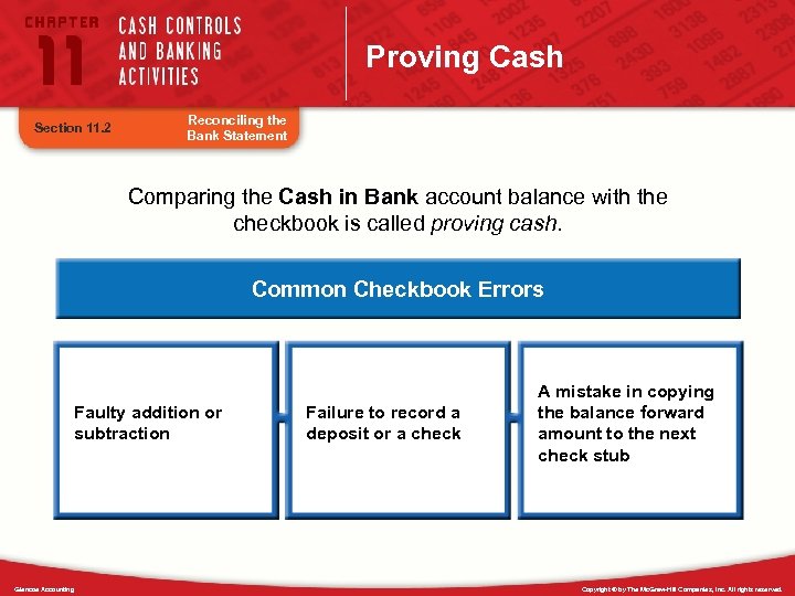 Proving Cash Section 11. 2 Reconciling the Bank Statement Comparing the Cash in Bank
