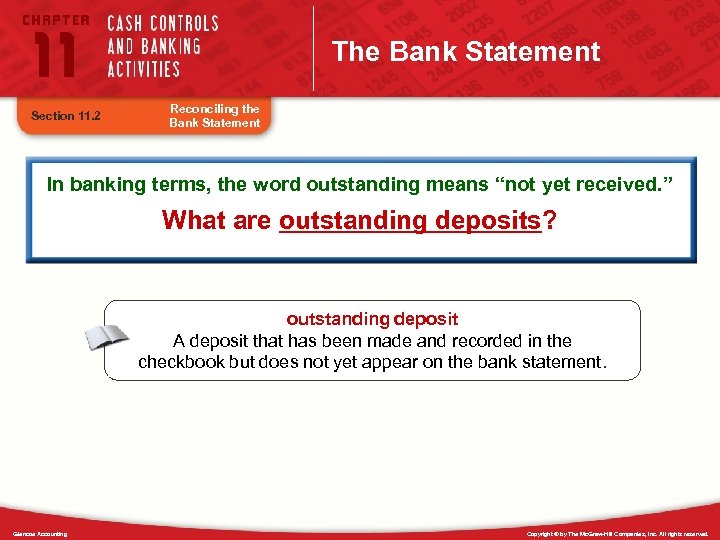 The Bank Statement Section 11. 2 Reconciling the Bank Statement In banking terms, the