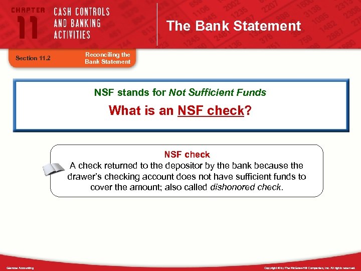 The Bank Statement Section 11. 2 Reconciling the Bank Statement NSF stands for Not
