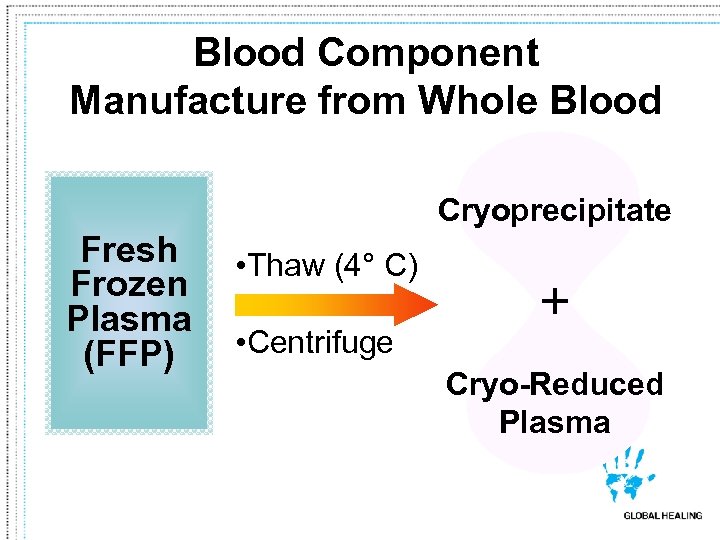 Blood Component Manufacture from Whole Blood Cryoprecipitate Fresh Frozen Plasma (FFP) • Thaw (4°