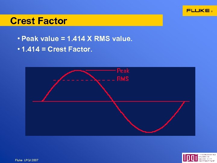 Crest Factor • Peak value = 1. 414 X RMS value. • 1. 414