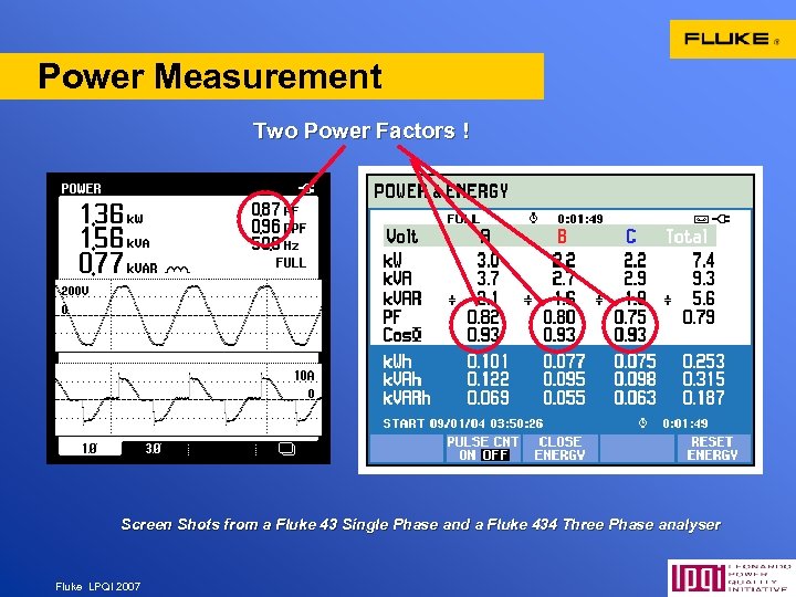 Power Measurement Two Power Factors ! Screen Shots from a Fluke 43 Single Phase