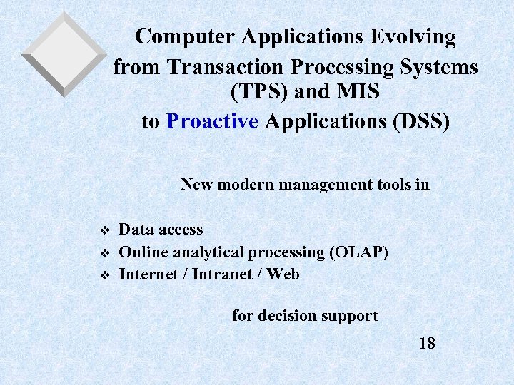 Computer Applications Evolving from Transaction Processing Systems (TPS) and MIS to Proactive Applications (DSS)