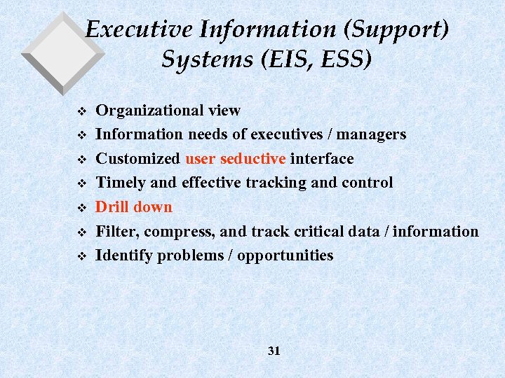 Executive Information (Support) Systems (EIS, ESS) v v v v Organizational view Information needs