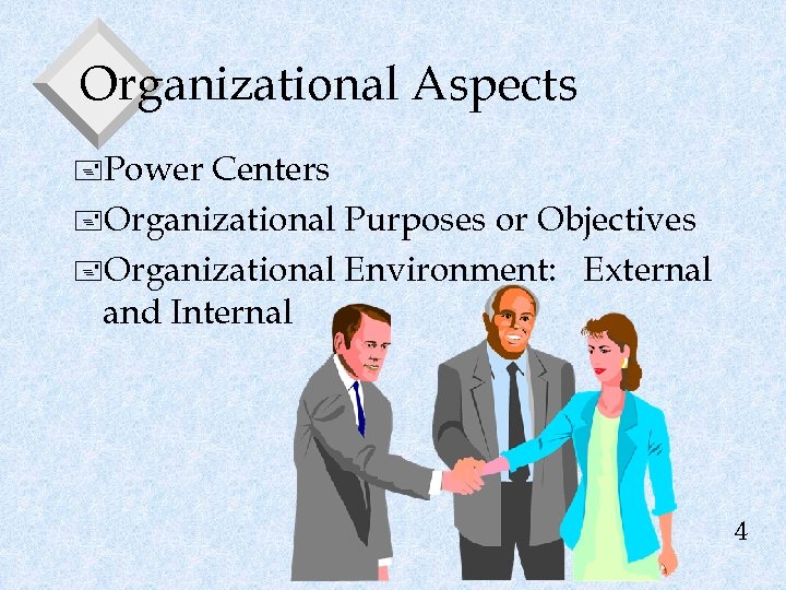 Organizational Aspects +Power Centers +Organizational Purposes or Objectives +Organizational Environment: External and Internal 4