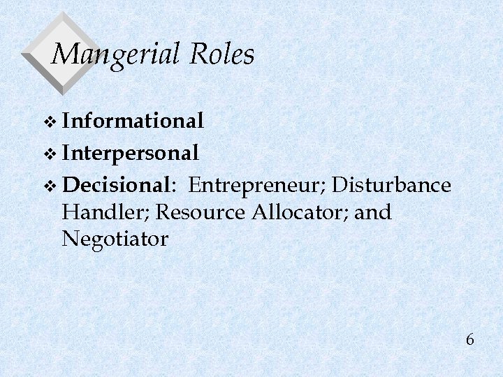 Mangerial Roles v Informational v Interpersonal Entrepreneur; Disturbance Handler; Resource Allocator; and Negotiator v