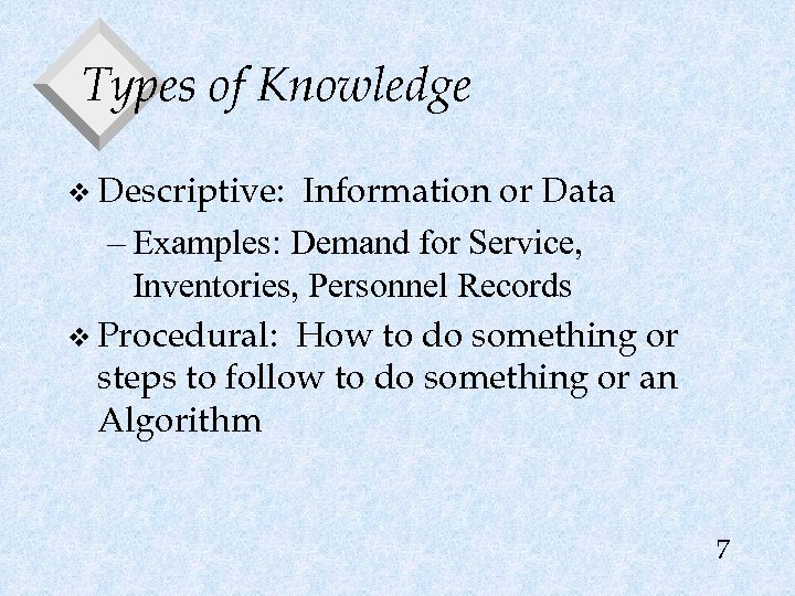 Types of Knowledge v Descriptive: Information or Data – Examples: Demand for Service, Inventories,