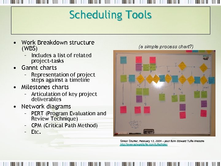 Scheduling Tools • Work Breakdown structure (WBS) (a simple process chart? ) – Includes