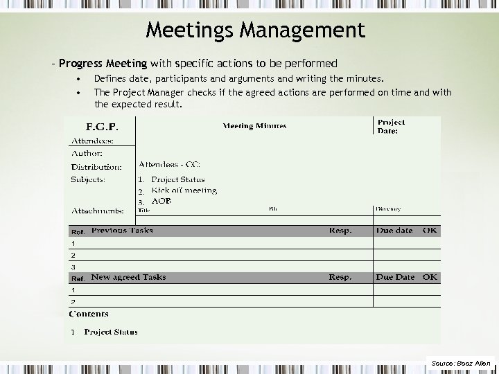 Meetings Management – Progress Meeting with specific actions to be performed • • Defines