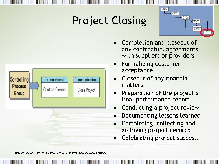 Project Closing • Completion and closeout of any contractual agreements with suppliers or providers