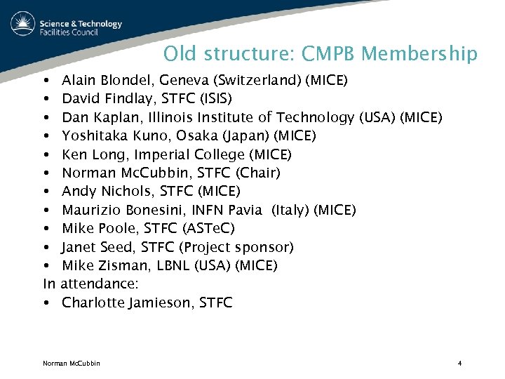 Old structure: CMPB Membership In Alain Blondel, Geneva (Switzerland) (MICE) David Findlay, STFC (ISIS)