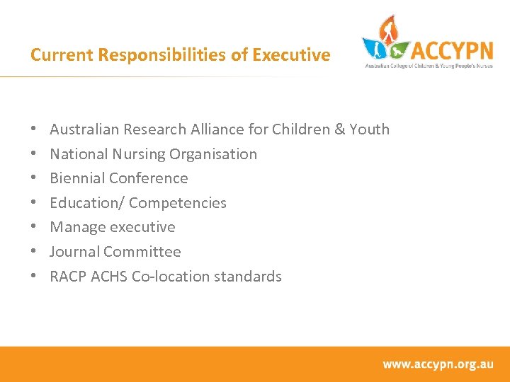 Current Responsibilities of Executive • • Australian Research Alliance for Children & Youth National