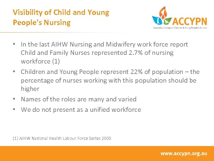 Visibility of Child and Young People's Nursing • In the last AIHW Nursing and