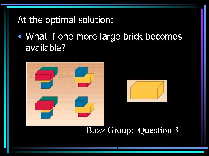 At the optimal solution: • What if one more large brick becomes available? Buzz