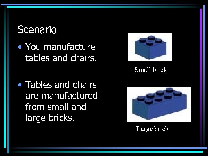 Scenario • You manufacture tables and chairs. Small brick • Tables and chairs are