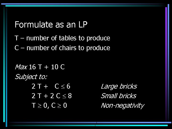 Formulate as an LP T – number of tables to produce C – number