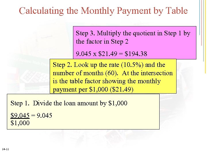Calculating the Monthly Payment by Table Step 3. Multiply the quotient in Step 1
