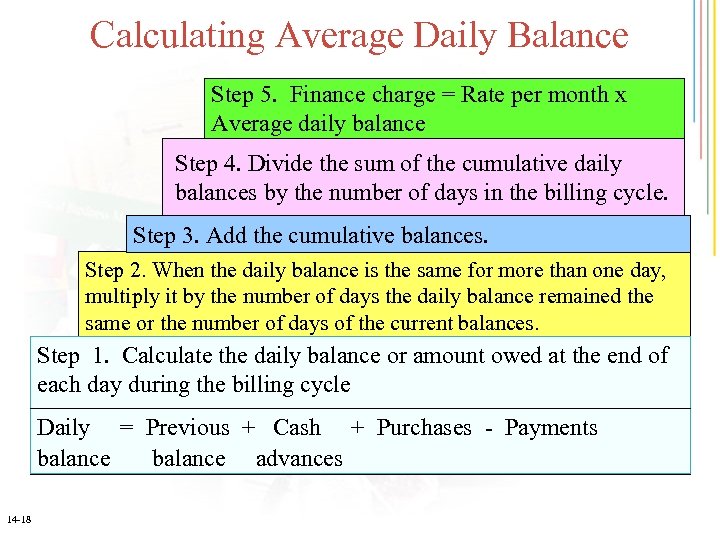 Calculating Average Daily Balance Step 5. Finance charge = Rate per month x Average