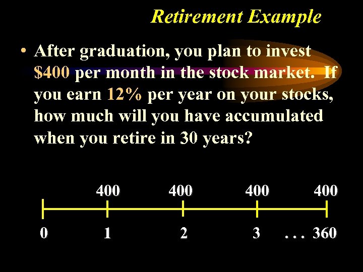 Retirement Example • After graduation, you plan to invest $400 per month in the