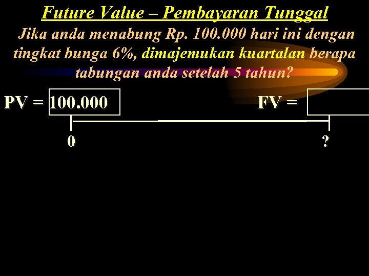 Future Value – Pembayaran Tunggal Jika anda menabung Rp. 100. 000 hari ini dengan