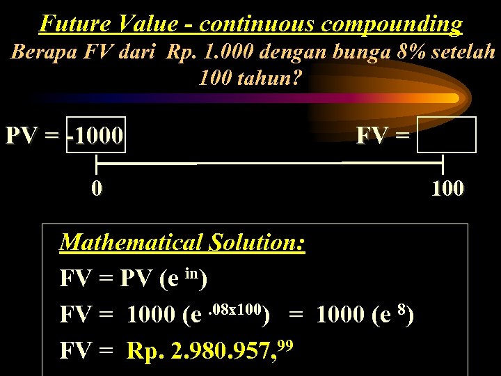 Future Value - continuous compounding Berapa FV dari Rp. 1. 000 dengan bunga 8%