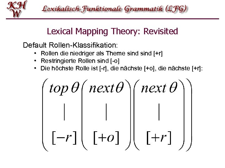 Lexical Mapping Theory: Revisited Default Rollen-Klassifikation: • Rollen die niedriger als Theme sind [+r]